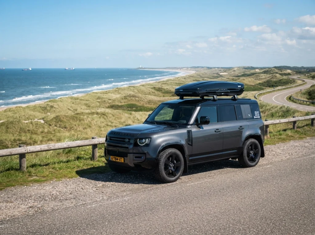 Auto met dakkoffer langs de duinen aan de Zeeuwse kust